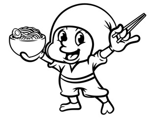 Cartoon illustration of Funny Ninja Warrior holding a bowl of Ramen noodles and chopsticks, get ready to eat, best for mascot, logo, and coloring book with Japanese Food themes
