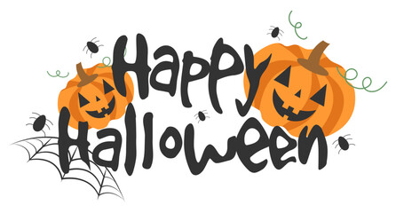 Happy Halloween lettering. Handwritten calligraphy with spider web and  pumpkin for greeting cards, posters, banners, flyers and invitations. Happy Halloween text, holiday background 