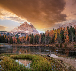 Beautiful autumn evening Lake Antorno and Three Peaks of Lavaredo, Dolomites, Italy