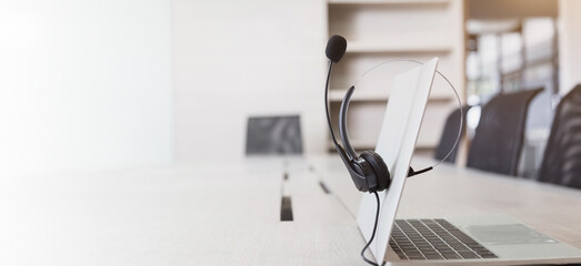 Communication support, call center and customer service help desk. VOIP headset for customer service support (call center) concept .