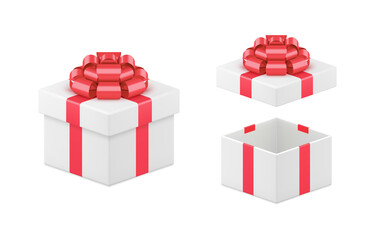 Isometric squared tenderness wrapped white gift box with decorative metallic red bow ribbon