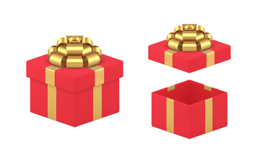 Unpacking set of luxury romantic squared red gift box decorated by golden bow ribbon vector
