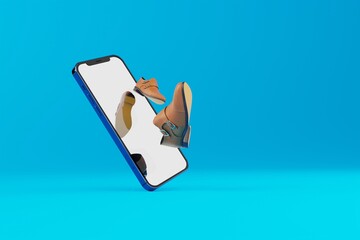 Shoes coming out of the phone. Concept of online buying, ecommerce. Ordering products via the Internet. 3d rendering, 3d illustration.