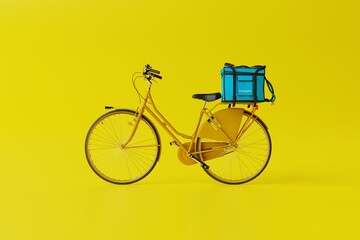 Yellow bicycle with a bag with food on a yellow background. Concept of food delivery by bicycle, food courier. 3d rendering, 3d illustration.