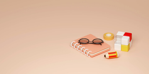Back to school education background concept school accessories and items. 3D render illustration.