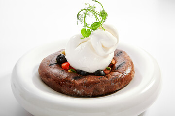 Burrata with borodino focaccia closeup view