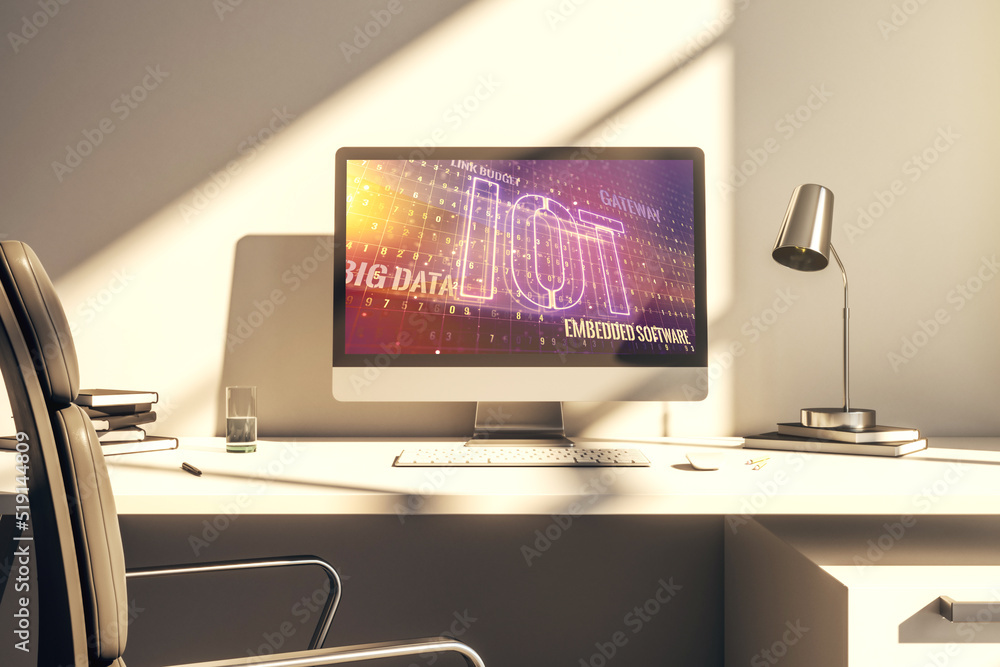 Poster Creative IOT illustration on modern computer monitor, future technology concept. 3D Rendering