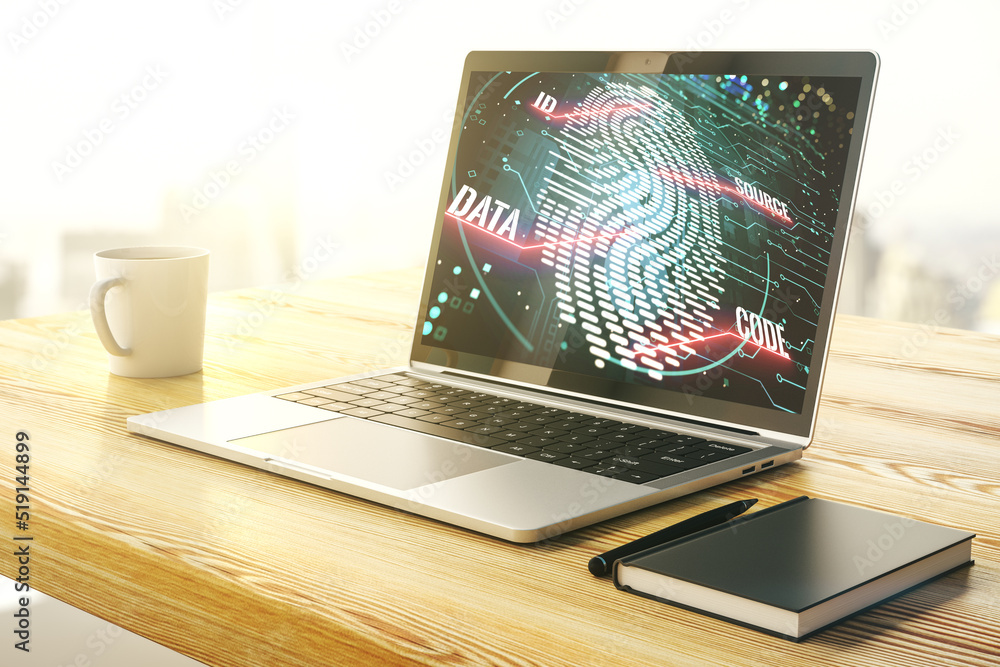 Poster modern computer screen with creative fingerprint hologram, personal biometric data concept. 3d rende