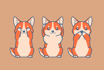 Three wise Welsh Corgi dogs illustration. Not see, not hear, not speak evil. Three wise cute series.