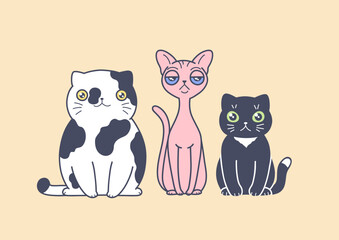Three cute cartoon cats minimal vector illustration. 