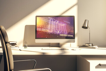 Creative IOT illustration on modern computer monitor, future technology concept. 3D Rendering