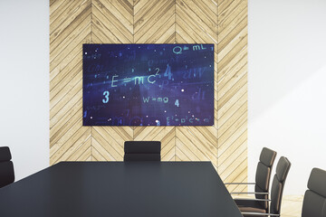 Creative scientific formula illustration on presentation tv screen in a modern meeting room, research and development concept. 3D Rendering