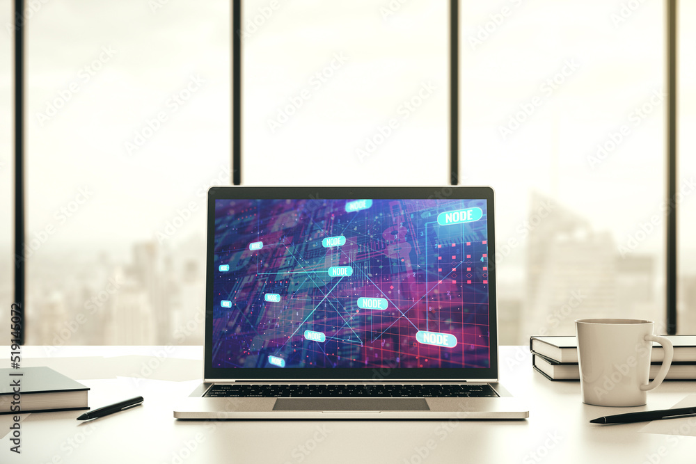 Fototapete modern computer screen with abstract creative coding sketch, artificial intelligence and neural netw
