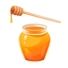 Honey in a glass jar. Dripping honey from the Honey Stick. Vector illustration
