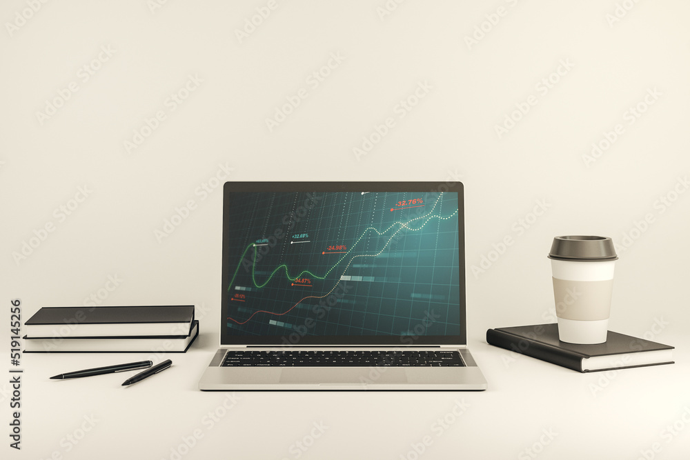 Poster abstract creative stats data concept on modern laptop screen. 3d rendering