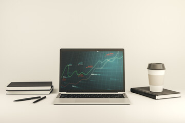 Abstract creative stats data concept on modern laptop screen. 3D Rendering