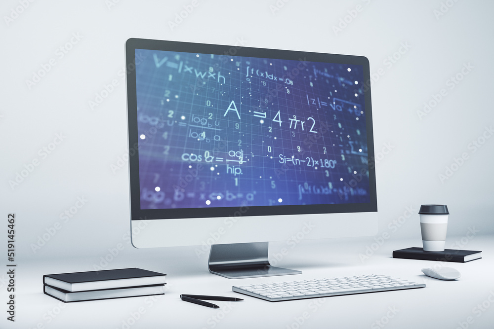 Poster creative scientific formula illustration on modern computer monitor, science and research concept. 3
