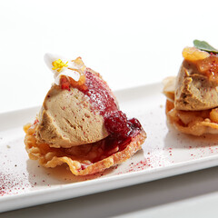 Turkey liver pate with berry sauce closeup view