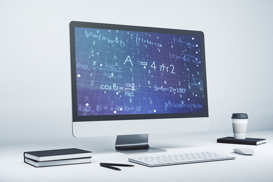 Creative scientific formula illustration on modern computer monitor, science and research concept. 3D Rendering