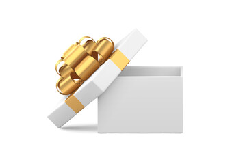 Tenderness white cute cardboard gift box golden glossy bow ribbon unpacking isometric 3d