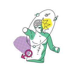 Psychedelic surreal concept of a colorful greek bust, ancient sculpture with cosmos in the head. Cartoon linear vector illustration in trendy psychedelic trippy style.