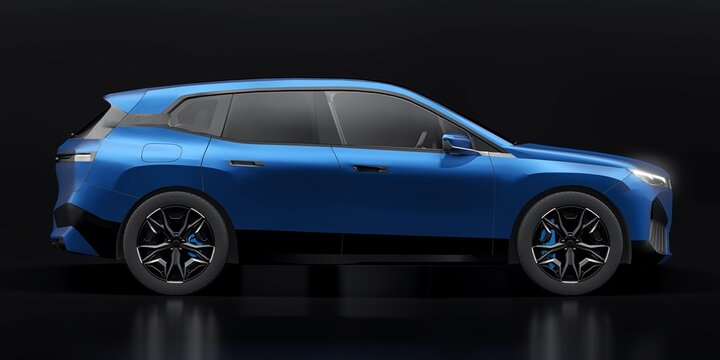Paris, France. July 25, 2022: BMW iX 2022 Blue luxury sport suv electric car isolated. 3d illustration.