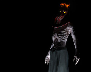 Sinister figure with glowing eyes and a bloodstained veil covering its face and head and a burning crown floating above it