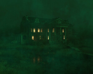3d illustration of a creepy old mansion in a swamp in a strange green fog