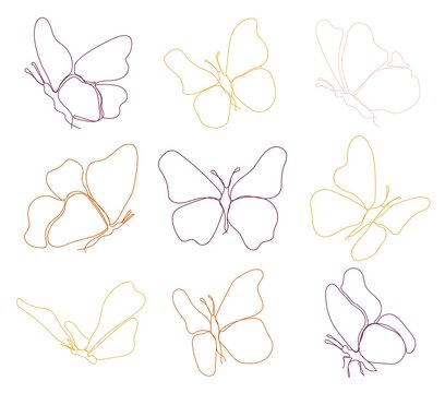 Cute flying butterflies. Set of hand drawn design elements. One line art vector illustration