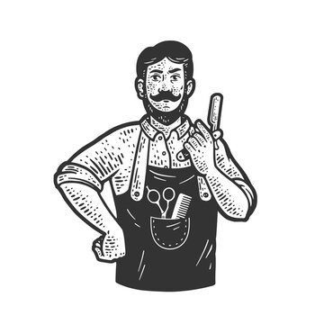 Barber man with straight razor sketch engraving raster illustration. T-shirt apparel print design. Scratch board imitation. Black and white hand drawn image.