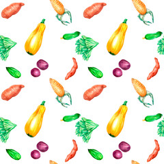 Variety of colorful vegetables watercolor seamless pattern on white.