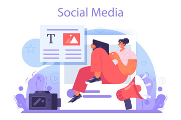 Blogger concept. Character sharing media content in the internet