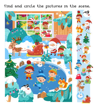 Find and circle objects. Educational game for children. Santa, elves and deer with gifts. Cute boys and girls go ice skating in winter. Winter scene in cartoon style. Vector illustration.