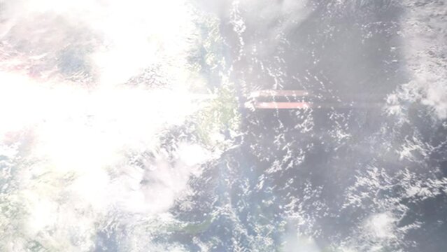 Flight from Davao Airport to Manila with zoom from space and focus. 3D animation. Background for travel intro by plane. Images from NASA