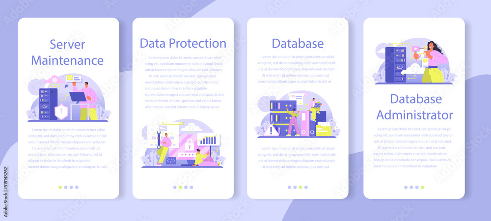 Poster data base administrator mobile application banner set. manager working