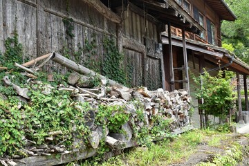 日本の田舎、原風景、夏、美山、かやぶき、美山かやぶきの里、田んぼ、稲、水田、木材加工、家屋、古民家、屋敷、倉庫