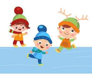 Cute boys and girl skate in winter. Skating rink and children. Characters for Christmas card design. Vector illustration.