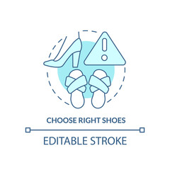 Choose right shoes turquoise concept icon. Surviving air accident abstract idea thin line illustration. Comfortable option. Isolated outline drawing. Editable stroke. Arial, Myriad Pro-Bold fonts used