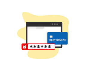 Entering bank card details icon design. Cashless payment, money transfer with password entry vector design. Online shopping with credit card using website illustration
