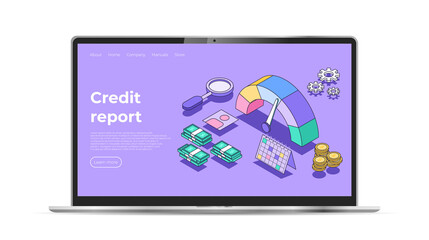 Credit report landing page. Realistic laptop mockup. Loan history meter or scale. Rating concept. Calculate credit report. Vector illustration