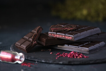 dark homemade chocolate with raspberry filling