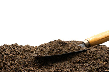 fertile loam soil in shovel on white background, agriculture and cultivation concept.