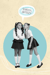 Vertical collage image of two girls black white gamma communicate tel school gossip isolated on...