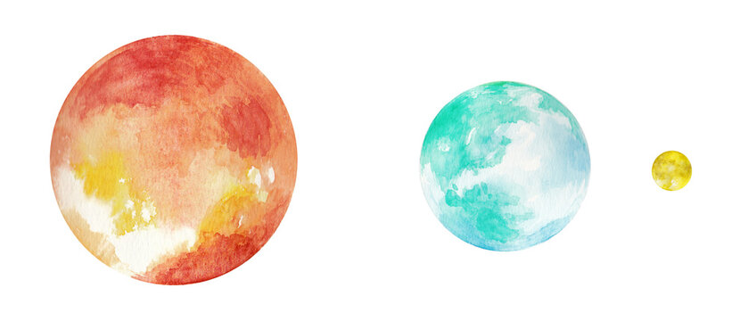 水彩で描いた太陽と地球と月のイラスト　挿絵　背景イラスト