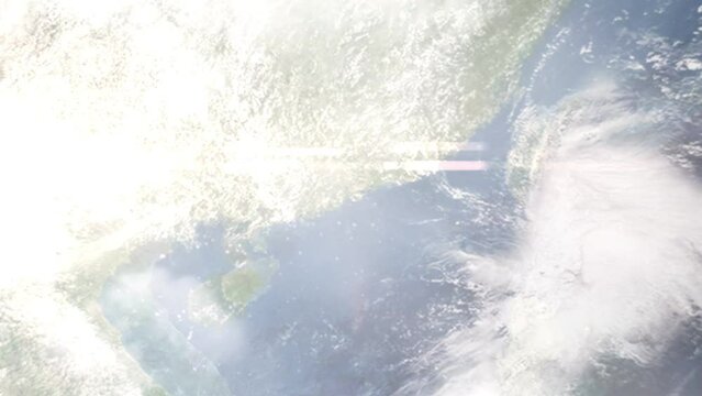 Flight from Hong Kong Airport to Seoul with zoom from space and focus. 3D animation. Background for travel intro by plane. Images from NASA