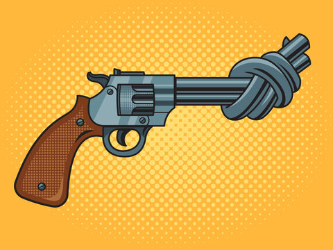 revolver barrel tied in knot pop art retro raster illustration. Comic book style imitation.