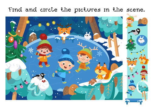 Find and circle objects. Educational game for children. Cute boys and girls are skating in winter. Animal in forest. Winter scene in cartoon style. Vector illustration.