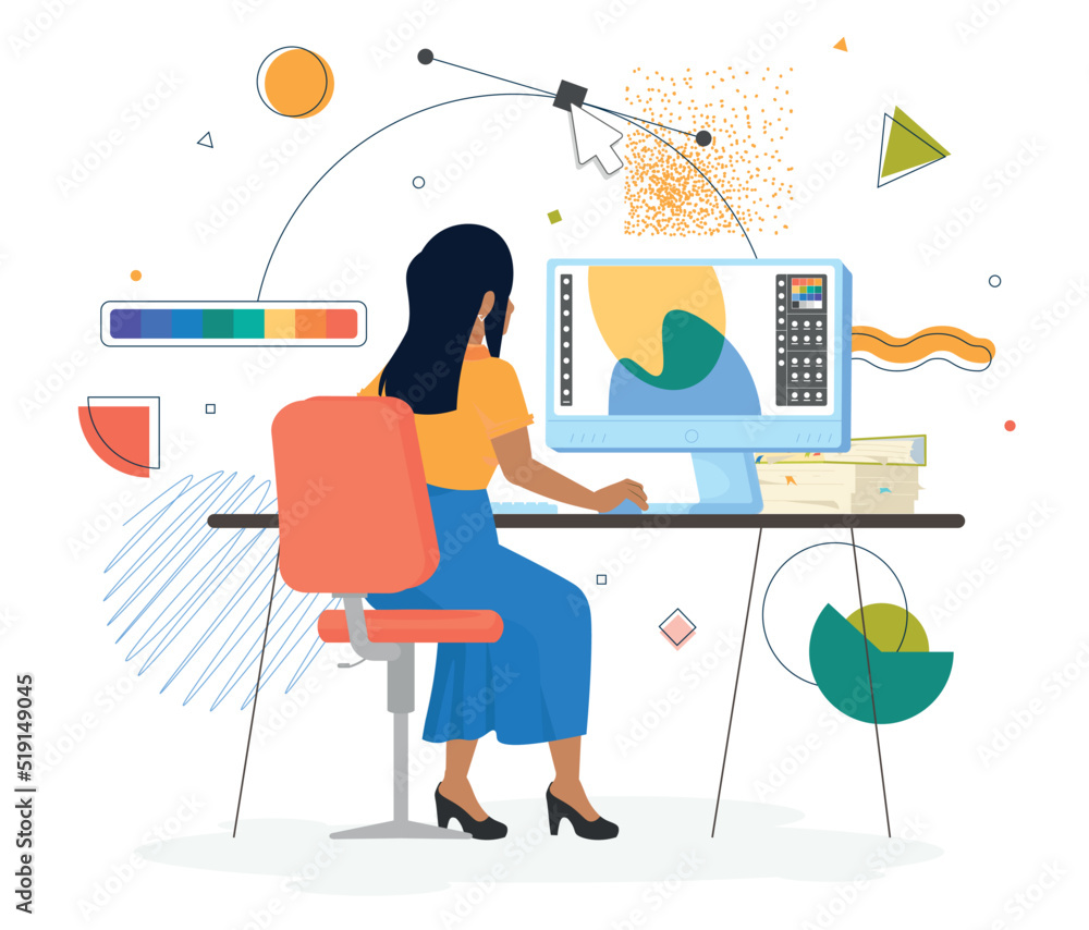 Fototapete Graphic designer at work. Design studio worker. Digital artist at creation project process working at computer. Woman sit back