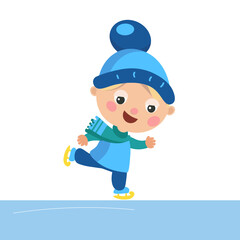 Cute boy ice skating in winter. Character for design. Christmas sticker, postcard. Vector illustration.