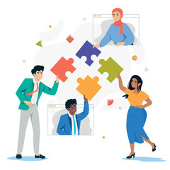 Team work connecting puzzle pieces. 
Co working.  Brainstorm concept team of people with puzzle